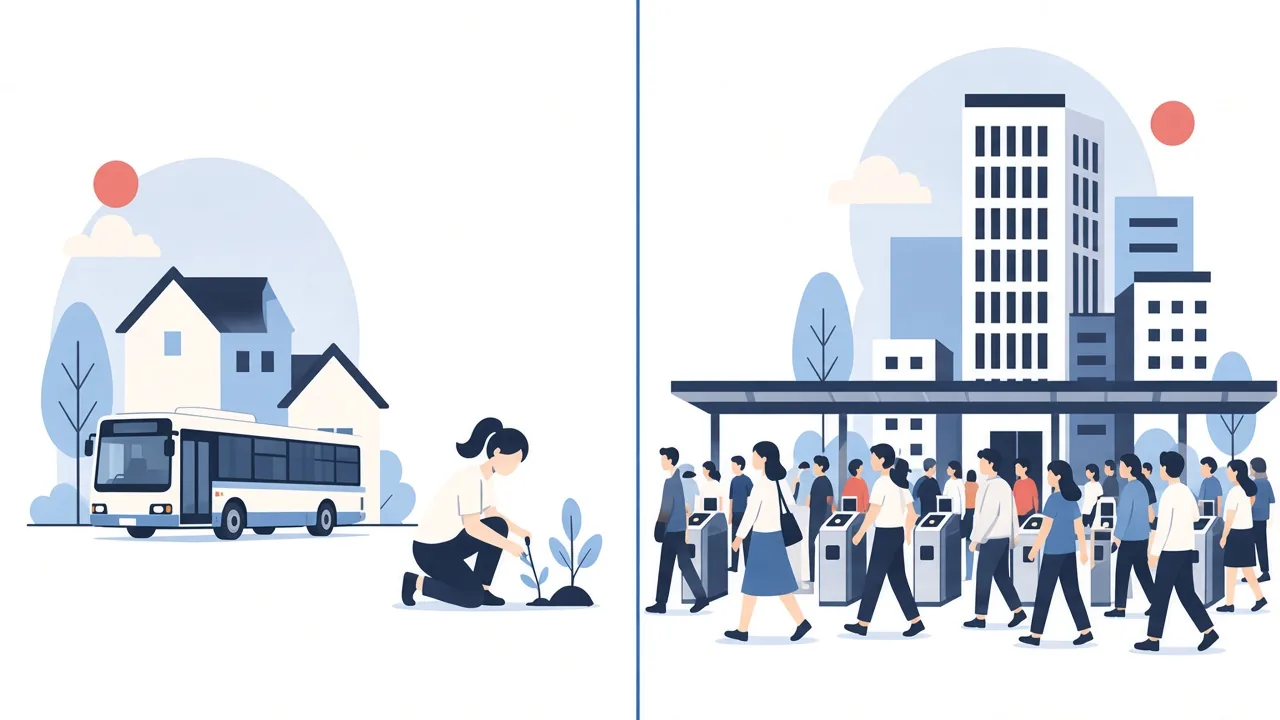 住宅地と駅前の通り道で空気感が違うイメージ