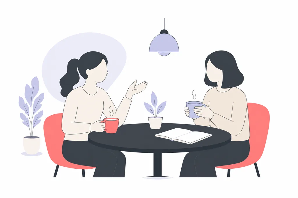 カフェで世間話をしながらホームページの目的を話し合うイメージ