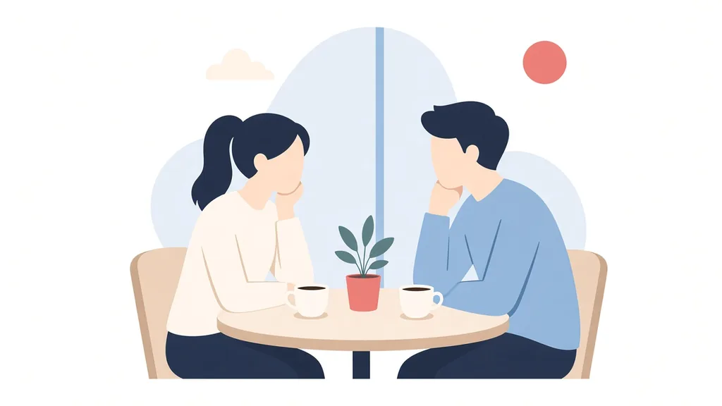 カフェで世間話をしながらホームページの目的を話し合うイメージ